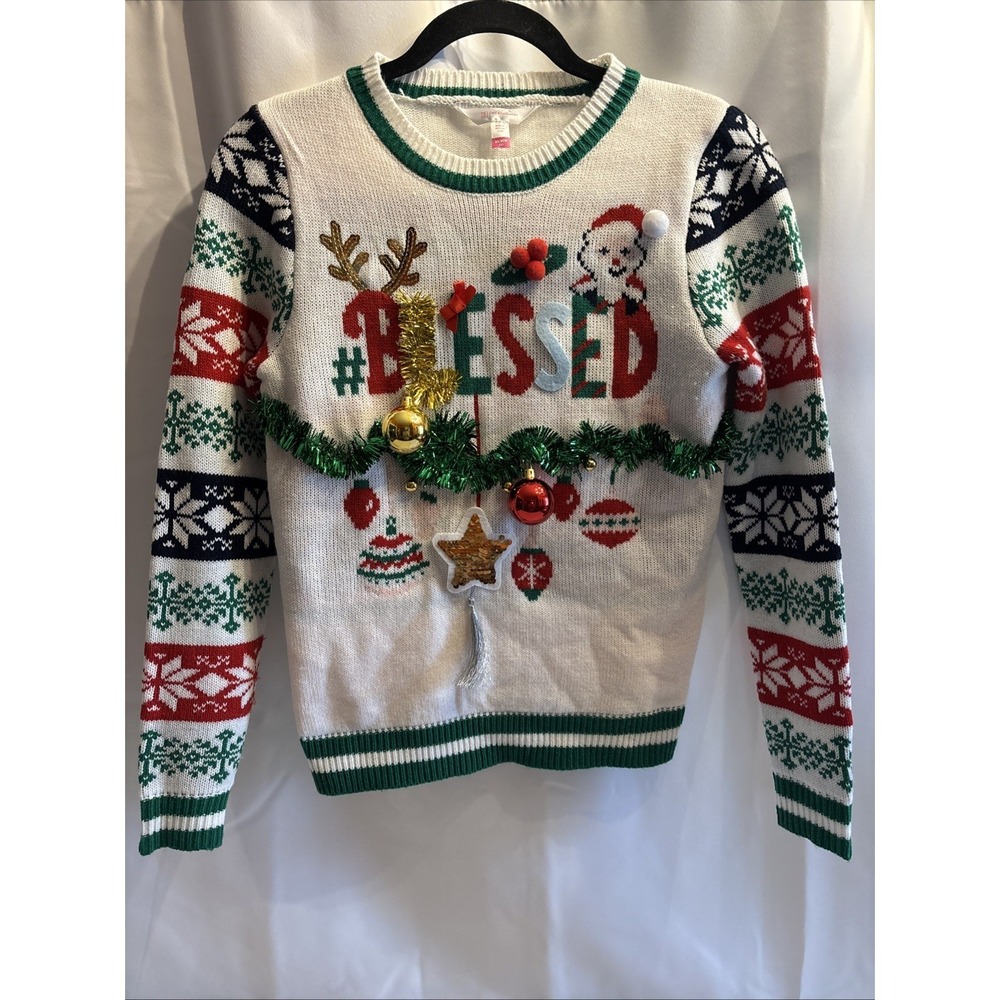 No Boundaries Junior XS White Blessed Ugly Christmas Sweater Description